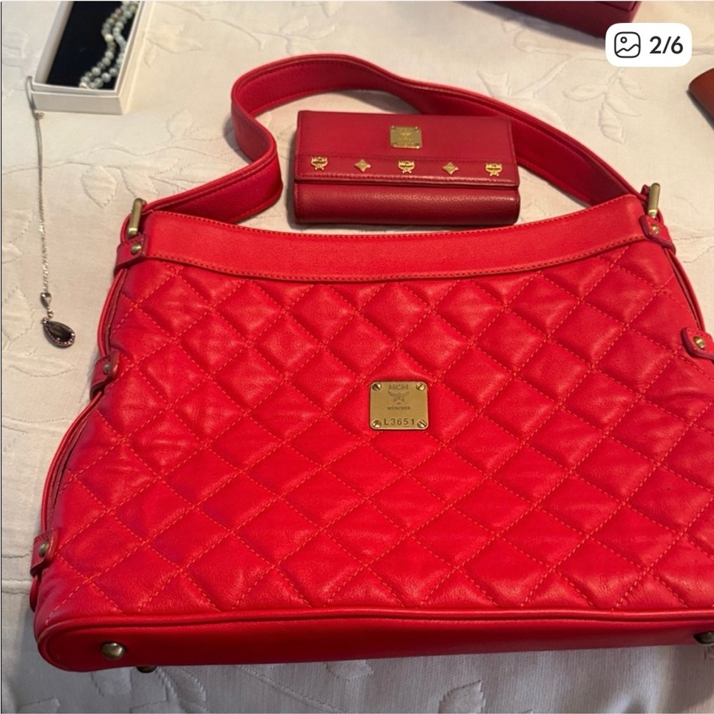 MCM Red Quilted Shoulder Bag with Gold Accents